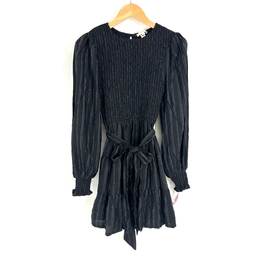 Flying Tomato Black Metallic Pinstripe Smocked Mini Dress Long Sleeve Small